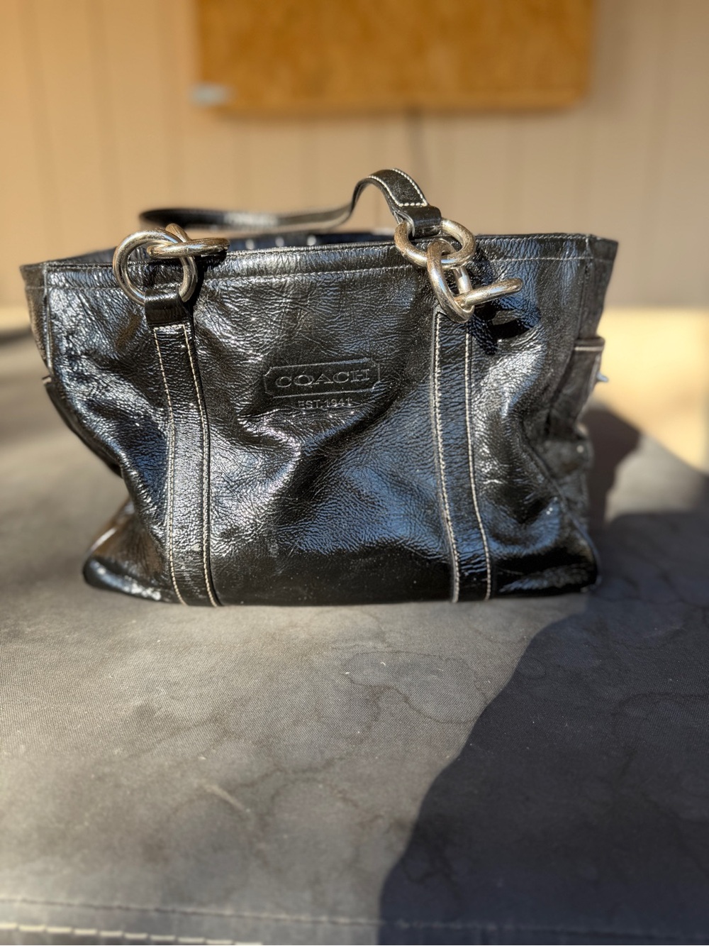 Coach Black Leather Shoulder Tote with Polished Rings